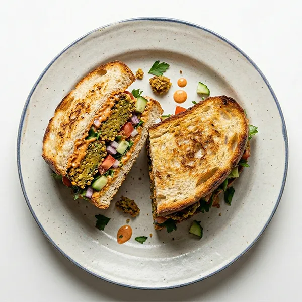 Smashed Vegetarian Kibbeh Sandwich With Harissa Tahini